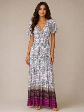 Patrons of Peace Medium Maxi Wrap Dress Beige and Magenta Floral Spring V-neck M